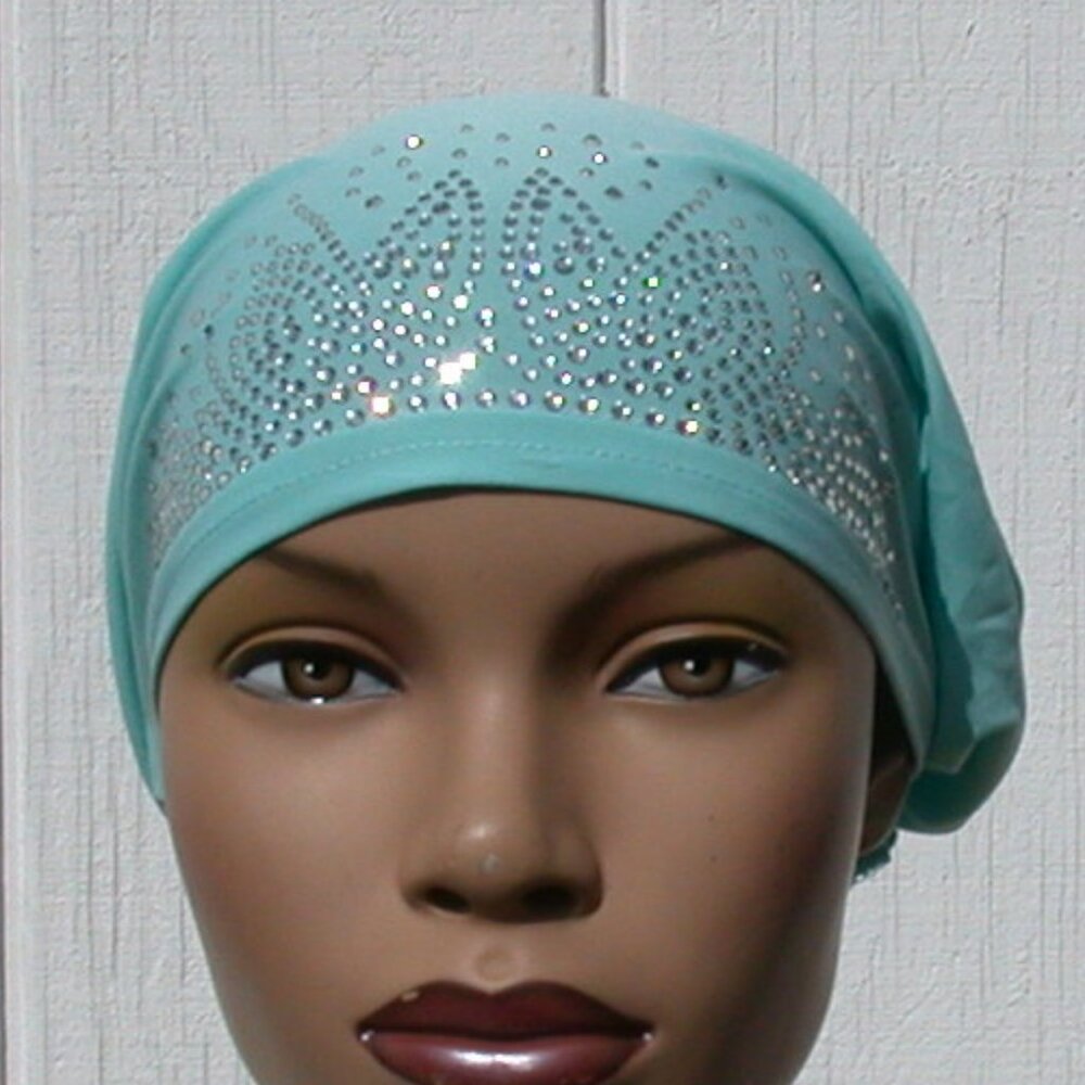 Rhinestone Tie Back Cap Cotton Bonnet Hijab Undercap Aqua Blue